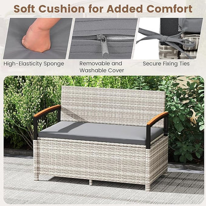 Outdoor Storage Bench with 46-Gallon Capacity and Grey PE Rattan Frame