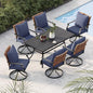 Grand patio 7-Piece Outdoor Dining Set, 6 Leather-Look Wicker Swivel Blue Patio Chairs & 1 Rectangular Dining Table, Black