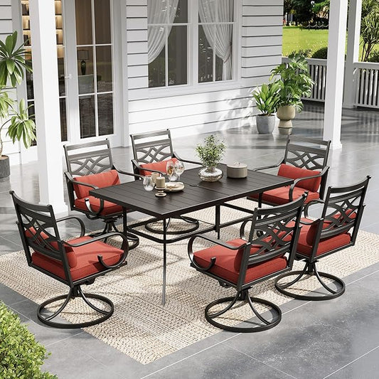 Sophia and William Swivel Patio Dining Set for 6, Outdoor Table and Chairs, Removable Red Seat Cushions, 60" Black Patio Dining Table,Red