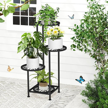 4 Tier Plant Stand Outdoor Indoor, Metal Flower Shelf Display Holder, Multiple Plants Corner Tall Flower Holders for Patio Balcony Porch Garden Living Room (Black)
