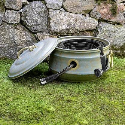 Sedona Hose Pot with Lid, Brass Accents, holds up to 100-Feet of Hose By Good Directions