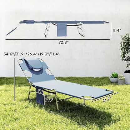 Outsunny Chaise Lounge Chair Outdoor Set of 2 with Face Arm Hole, 5-Position Reclining Face Down Tanning Chair with Carry Strap, Side Pocket, Portable Folding Bed Cot for Patio Beach Pool, Gray