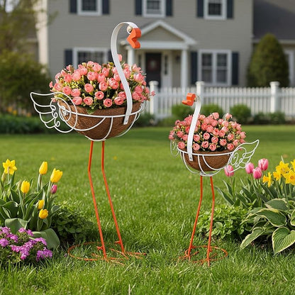 Set of 2 White Goose Outdoor Planters with Basket Larger Sizes 29 26.5 Metal Goose Planters for Spring Party Gifts Indoor Flowers Lawn Patio Garden Yard Porch Decor