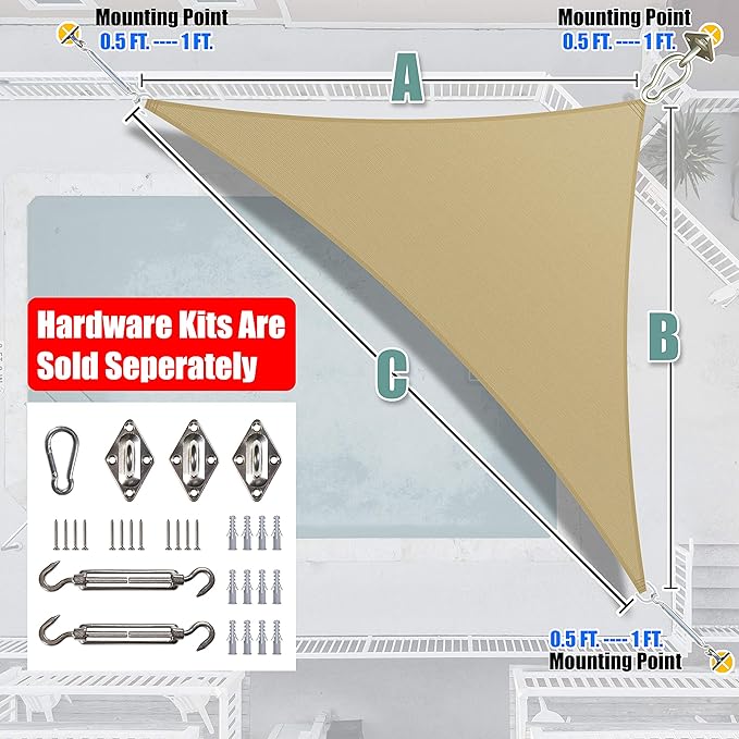 Amgo Custom Size 9' x 10' x 13.5' Sand Beige Right Triangle Sun Shade Sail UPF50+ AGTAPRT12, Order to Make Canopy Awning, 95% UV Blockage, Water & Air Permeable, Commercial Standard (We Customize)