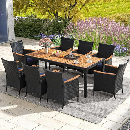 Tangkula 9 Pieces Rattan Outdoor Dining Set for 8, Outdoor Acacia Wood Table Set with 8 Cushioned Wicker Chairs, Umbrella Hole, Patio Dining Furniture Set for Deck Pool Backyard