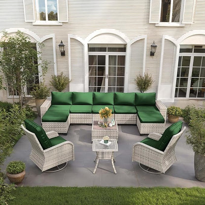 11-Piece Outdoor Patio Furniture Set with Rocking Swivel Chair Wicker Sectional Sofa Set, Patio Conversation Set with Ottomans & Coffee Table for Garden, Backyard, Poolside, Green