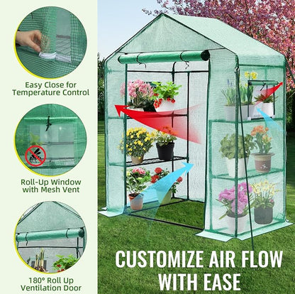 Greengro Greenhouse, 28 x 57 x 76'' Greenhouses for Outdoors, Small Plant Green House with Screen Windows, 3 Tiers 4 Shelves, Durable PE Cover, Plastic Portable Walk in Greenhouses for Outside Indoor