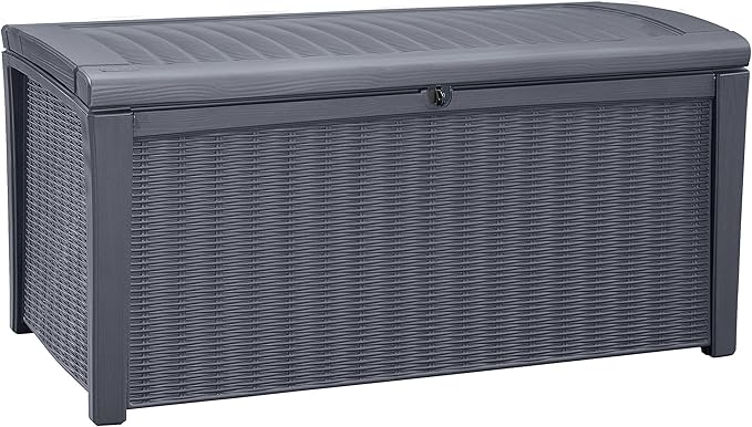 Outdoor Storage Bench, Gray Resin Deck Box with Soft-Close Lid
