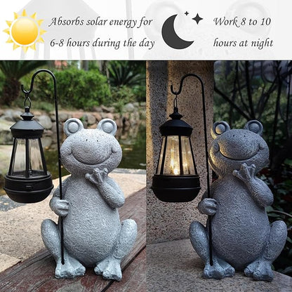 Frog Solar Garden Statues,Resin Frog Figurine Decorations with Solar Lights Lantern, Outdoor Figurines Lawn Garden Statue Decor Art for Lawn,Yard,Balcony Ornament,Gift for Home Mom.