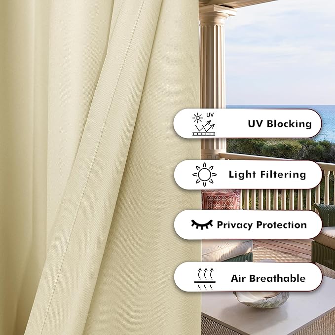 BONZER Outdoor Curtains for Patio Waterproof Thick Privacy Grommet Light Filtering Outside Curtains for Porch Pergola Gazebo Deck, 1 Panel, 84W x 108L inch, Cream