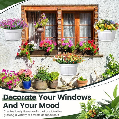 Layhit 6 Pcs Wall Hanging Planters Outdoor Pot Planter Wine Barrel Planter Distressed Oak Thickened Plastic Water Storage Flower Pots for Flower Indoor Outdoor(10 Inches,White)