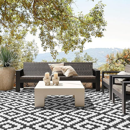 SAND MINE Waterproof Outdoor Rug 8x10 ft, Plastic Reversible Rug, Modern Area Rug, Large Floor Mat for Outdoors, RV, Patio, Backyard, Deck, Picnic, Beach, Camping (8' x 10', Black & White Lattice)