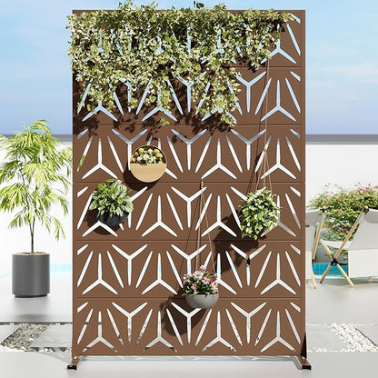 Casaphoria Metal Privacy Screen Outdoor, 72" H x 47" W Freestanding Decorative Privacy Screen for Patio Deck Balcony Garden with Stable Base, Brown Star