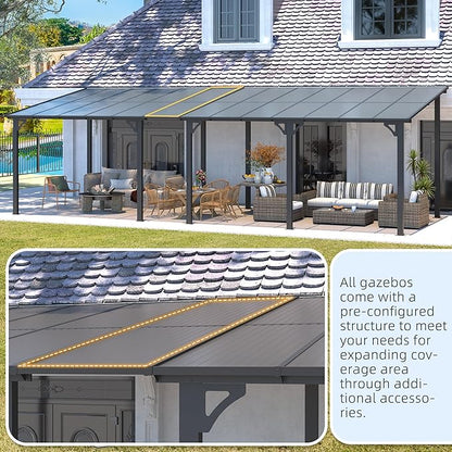 AECOJOY 22' x 8' Gazebo for Patio, Large Wall-Mounted Hard Top Lean-to Gazebo Pergola with Roof 8' x 22' on Clearance, Heavy Duty Patio Awnings for Decks, Backyard