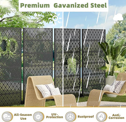Casaphoria Metal Privacy Screen Outdoor, 72" H x 47" W Freestanding Decorative Privacy Screen for Patio Deck Balcony Garden with Stable Base, Palace Black
