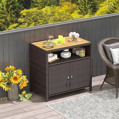 Tangkula Rattan Outdoor Storage Cabinet, Patiojoy Outdoor Cabinet with Acacia Wood Countertop, Open Compartment, 2-Door Wicker Sideboard, Outdoor Bar for Patio Garden Backyard Poolside (Mix Brown)