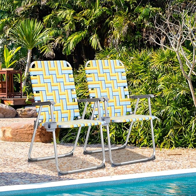 Patio Dining Chairs Set of 2 Folding Aluminum Yellow with Cup Holder