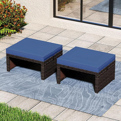 Tangkula 2 Pieces Patio PE Rattan Ottomans, Multipurpose Outdoor Footstool Footrest Additional Seating Side Table with Soft Zippered Cushions for Deck, Garden, Poolside and Yard (Navy Blue)