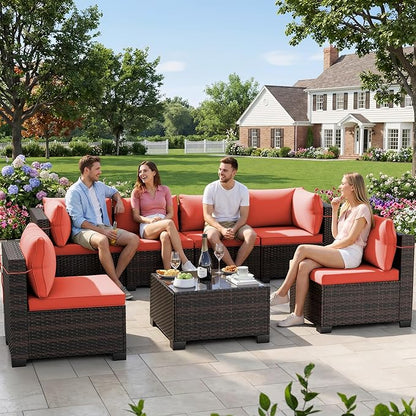 LEVELEVE 7 Pieces Outdoor Patio Furniture Sets,Rattan Conversation Sectional Set,Manual Weaving Wicker Patio Sofa with Tea Table