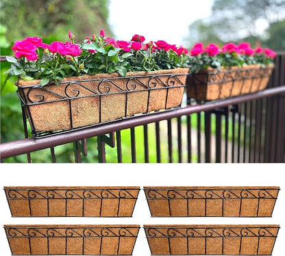 LaLaGreen Wall Mounted Planters - 30 Inch, 4 Pack Window Flower Boxes Basket Outdoor, Balcony Planter Over The Rail, Deck Railing Hanging with Coco Liners, Metal Horse Troughs Fence Patio Porch