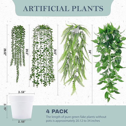 Der Rose 4Pcs Fake Plants Hanging Artificial Ivy Vine Faux Eucalyptus Hanging Plants, Boston Fern, String of Pearls for Living Room Bedroom Boho Wall Shelf Indoor Outdoor Decor (White Pots)