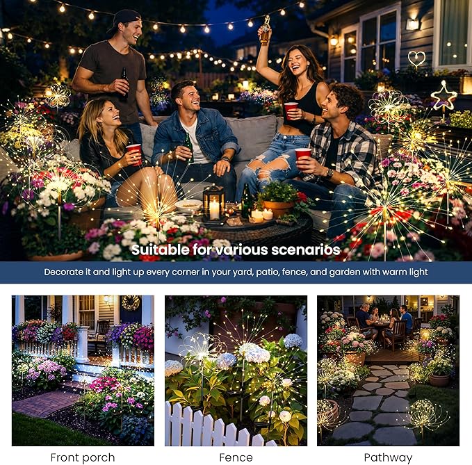 Solar Lights Outdoor, 120LED 6 Pack Fairy Garden Lights Decor for Outside Fireworks Lights Solar Powered for Yard, Patio, Pathway, Walkway, Balcony, Warm White