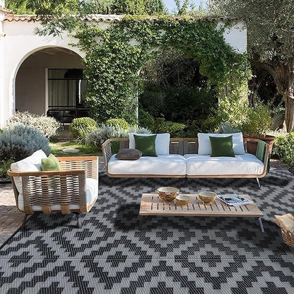SAND MINE Waterproof Outdoor Rug 9x12 ft, Plastic Reversible Rug, Modern Area Rug, Large Floor Mat for Outdoors, RV, Patio, Backyard, Deck, Picnic, Beach, Camping, Black Grey Lattice