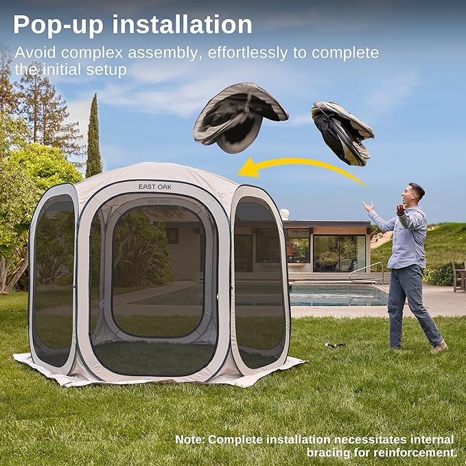 East Oak Screen House Tent Pop-Up, Portable Screen Room Canopy Instant Screen Tent 12 x 12 FT with Carry Bag for Patio, Backyard, Deck & Outdoor Activities, Beige