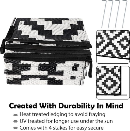 SAND MINE Waterproof Outdoor Rug 6x9 ft, Reversible Mats, Modern Area Rug, Large Floor Mat and Rug for Outdoors, RV, Patio, Backyard, Deck, Picnic, Beach, Trailer, Camping, Black & White Lattice