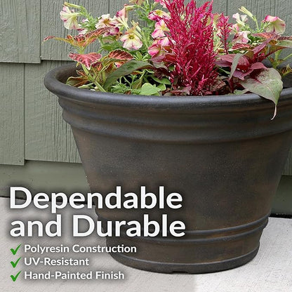 Sunnydaze 20-Inch Franklin Large Plant Pot - Polyresin Round Outdoor Planter with Drillable Drainage Hole - 2 Pack - Sable