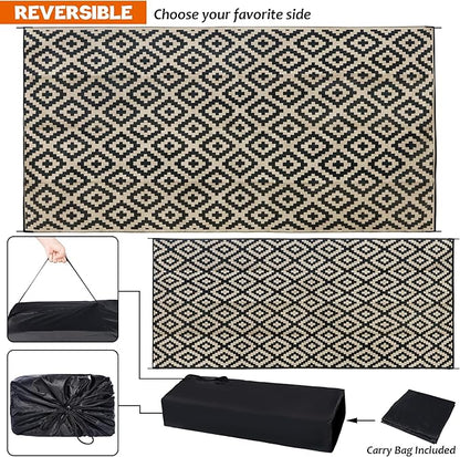 SAND MINE Waterproof Outdoor Rug 10x20 ft, Plastic Reversible Rug, Modern Area Rug, Large Floor Mat for Outdoors, RV, Patio, Backyard, Deck, Picnic, Beach, Camping, Black & Beige