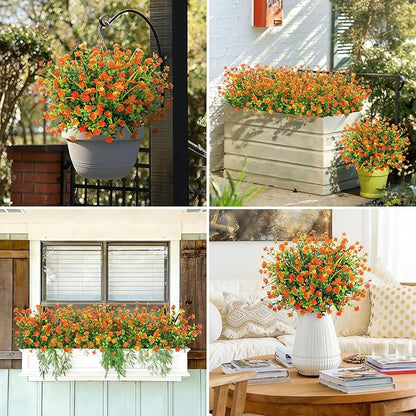 20 Bundles Artificial Flowers for Outdoors Fake Plastic Flowers UV Resistant Realistic Faux Plants Shrubs for Spring Summer Garden Porch Yard Patio Planter Window Box Home Decor, Orange