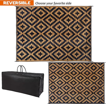 SAND MINE Reversible Mats, Plastic Straw Rug, Modern Area Rug, Large Floor Mat and Rug for Outdoors, RV, Patio, Backyard, Deck, Picnic, Beach, Trailer, Camping, Black & Brown, 9' x 12'