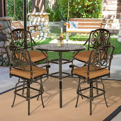 VIVIJASON 5-Piece Patio Swivel Bar Stools Set, All Weather Cast Aluminum Outdoor Bar Height Bistro Set with 4 Cushioned Bar Chairs & 35.4" High Bar Table w/Umbrella Hole for Backyard, Lawn, Garden