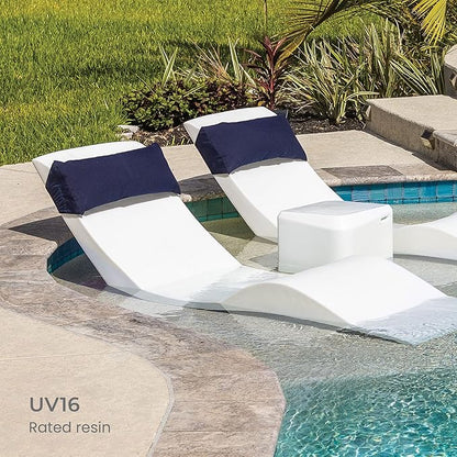 Aqua Outdoors in-Pool DEEP Ledge Chaise Set - Two Chaises - Two Headrest Pillows - Chaise Risers and One Large in Pool Side Table - for ledges 9"-14" inches Deep (Classic White-Blue)