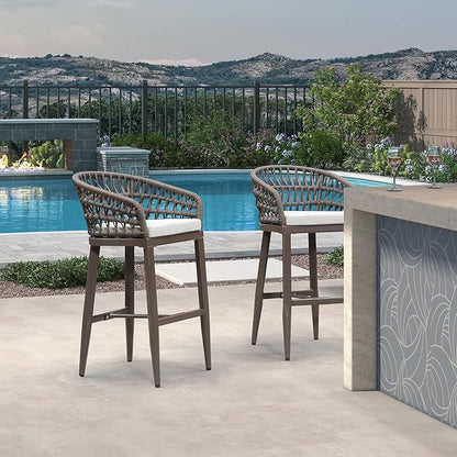 PURPLE LEAF Outdoor Rattan 29" Bar Stools Set of 2, Modern Boho Aluminum Patio Bar Height Chair with Cushion and Back for Garden Outdoor and Indoor, Coffee