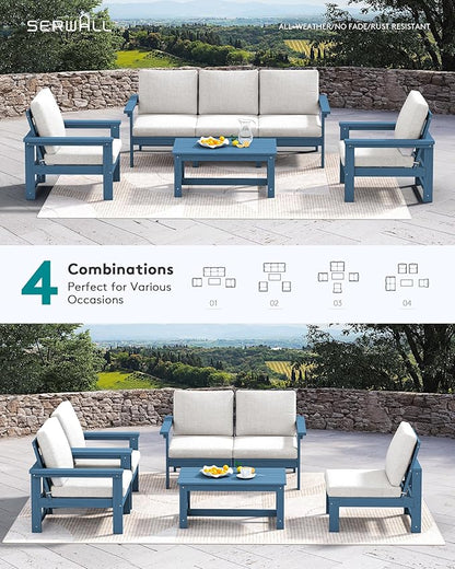 SERWALL HDPE Patio Conversation Set, 6-piece Sectional Outdoor Furniture Set, All Weather Outdoor Couch Set Patio Furniture Set for Deck, Lawn, Blue Frame with Beige Cushion