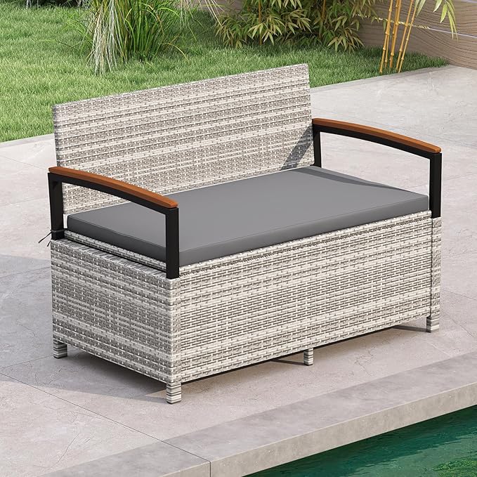 Outdoor Storage Bench with 46-Gallon Capacity and Grey PE Rattan Frame