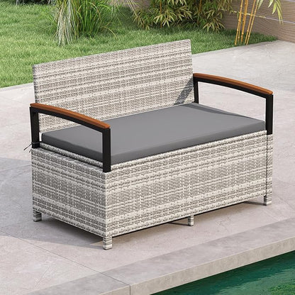 Outdoor Storage Bench with 46-Gallon Capacity and Grey PE Rattan Frame