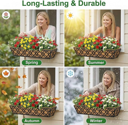 Y&M 24 Inch Window Deck with Coco Liner, Fence Metal Hanging Flower Planter Window Basket Deck Railing Planter Boxes for Outdoor Garden Lawn,6pcs