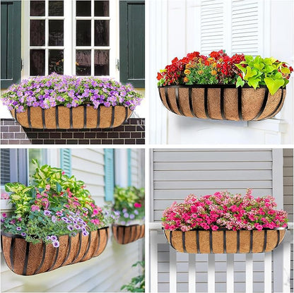 30 Inch Window Deck with Coco Liner, 30" Window Boxes Horse Trough with Coconut Coir Liner, Fence Metal Hanging Flower Planter Window Basket Deck Railing Planter Boxes for Outdoor Garden Lawn, 2pcs