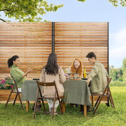 Casaphoria Metal Privacy Screen Outdoor, 72" H x 47" W Freestanding Decorative Privacy Screen for Patio Deck Balcony Garden with Stable Base,Wood Color