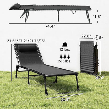 Outsunny Folding Chaise Lounge Chair, Patio Sun Tanning Chair, Outdoor Chaise Lounger with 4-Position Reclining Back, Breathable Mesh Seat for Beach, Poolside, Yard, Black