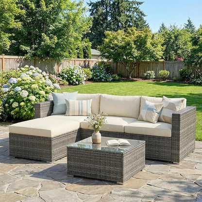 Outdoor Patio Furniture Set, Rattan Outdoor Sectional Furniture, Patio Conversation Sets for Balcony, Porch, Backyard, Deck, Garden, Beige