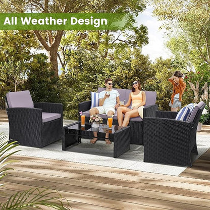 4-Piece Patio Furniture Set, Wicker Outdoor Rattan Sectional Sofa with Cushions and Glass Table, All-Weather Outdoor Conversation Set, Ideal for Garden, Porch, Backyard, Grey