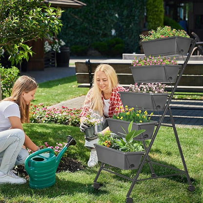 GENMOUS 5 Tier Raised Garden Bed Tall 45FT Vertical Elevated Garden Planter Standing Garden Bed Planter Box with Drainage Holes Removable Tray Outdoor Herb Planter Stand on Patio Balcony Porch Black