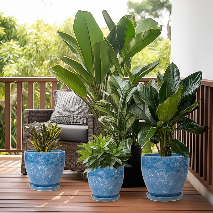 Ceramic Pots for Plants - 6.3 Inch Planter with Drainage Hole and Plant Tray, Decorative Succulent Pot, Round Flower Planter for Indoor, Garden Living Room Decor, Gifts for Plant Lovers, Blue