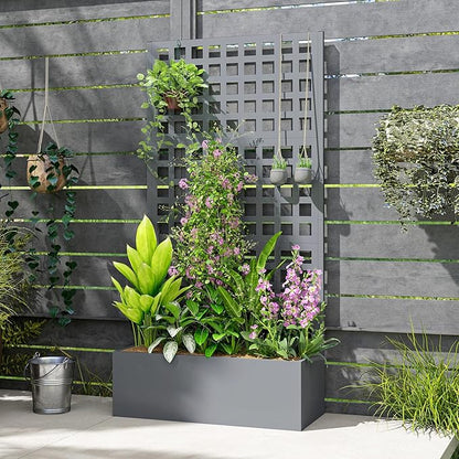 Outsunny Galvanized Raised Garden Bed with Trellis, Metal Planter Box with Drainage Holes, Outdoor Privacy Screen for Climbing Plants, Vegetable, Vines, 35" x 16" x 70", Gray Wood Effect