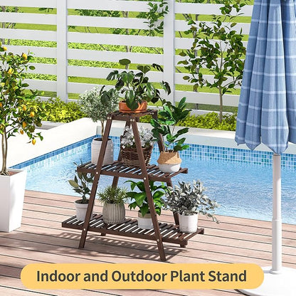 Plant Stand Indoor, Outdoor bamboo Plant Rack for Multiple Plants, 3 Tier 8 Potted Flower Holder Ladder,Plant Shelf Ladder Table Plant Pot Stand for Living Room, Patio, Balcony (Brown)