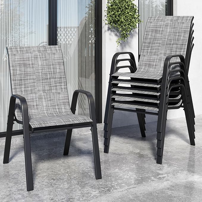 Patio Dining Chairs Set of 6, Grey Stackable Textilene Mesh Seating